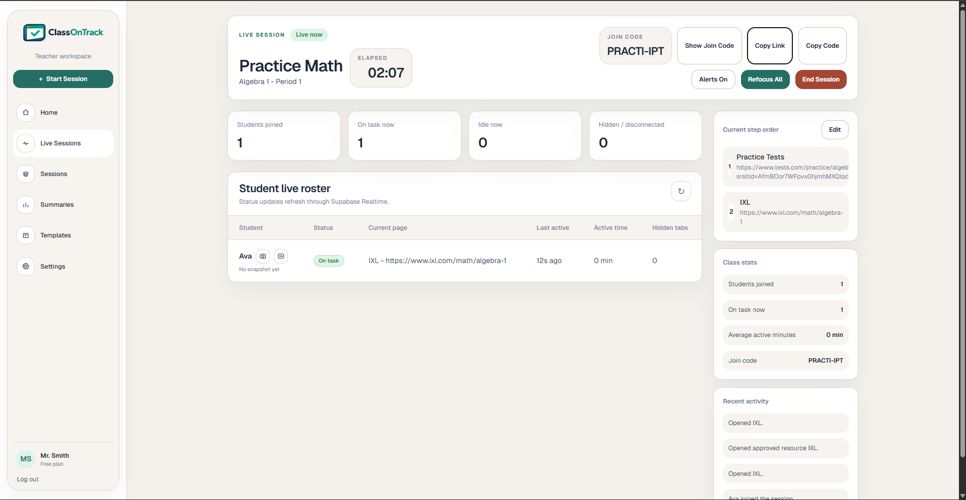 ClassOnTrack live classroom session dashboard screenshot